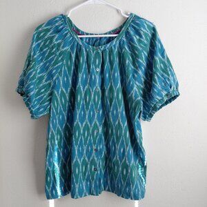 Sundance Blouse Top Blue Green Puff Sleeve Boxy Fit Buttons Cotton Large
